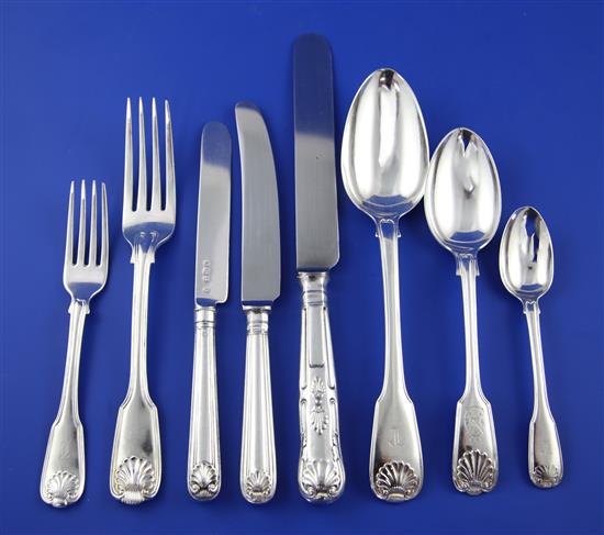 A harlequin canteen of mainly 19th century silver double struck fiddle thread and shell pattern flatware, weighable silver 162 oz.